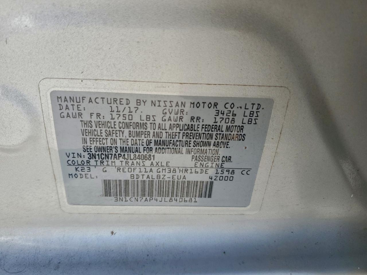 2018 NISSAN VERSA S photo 12