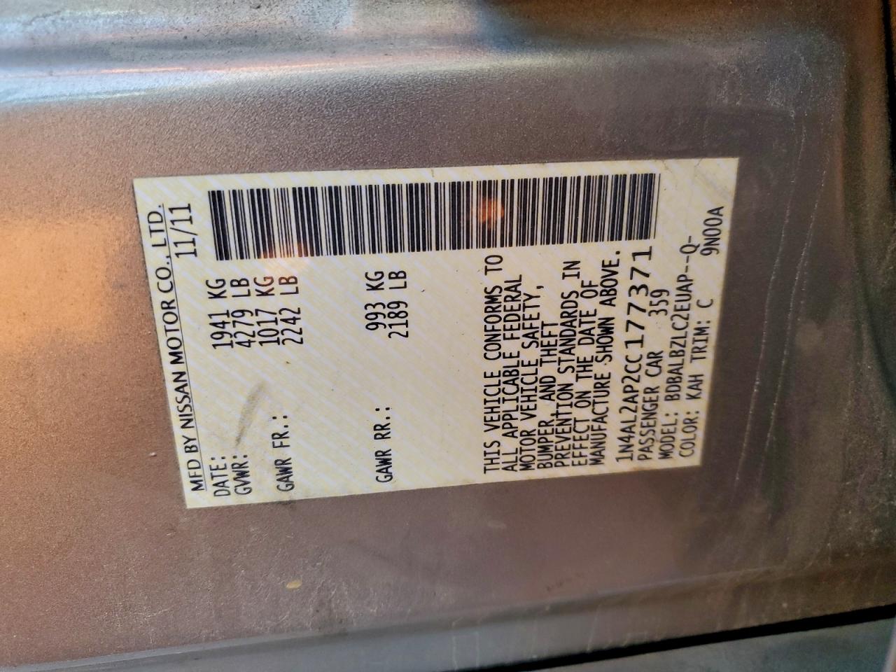 2012 NISSAN ALTIMA BASE photo 13