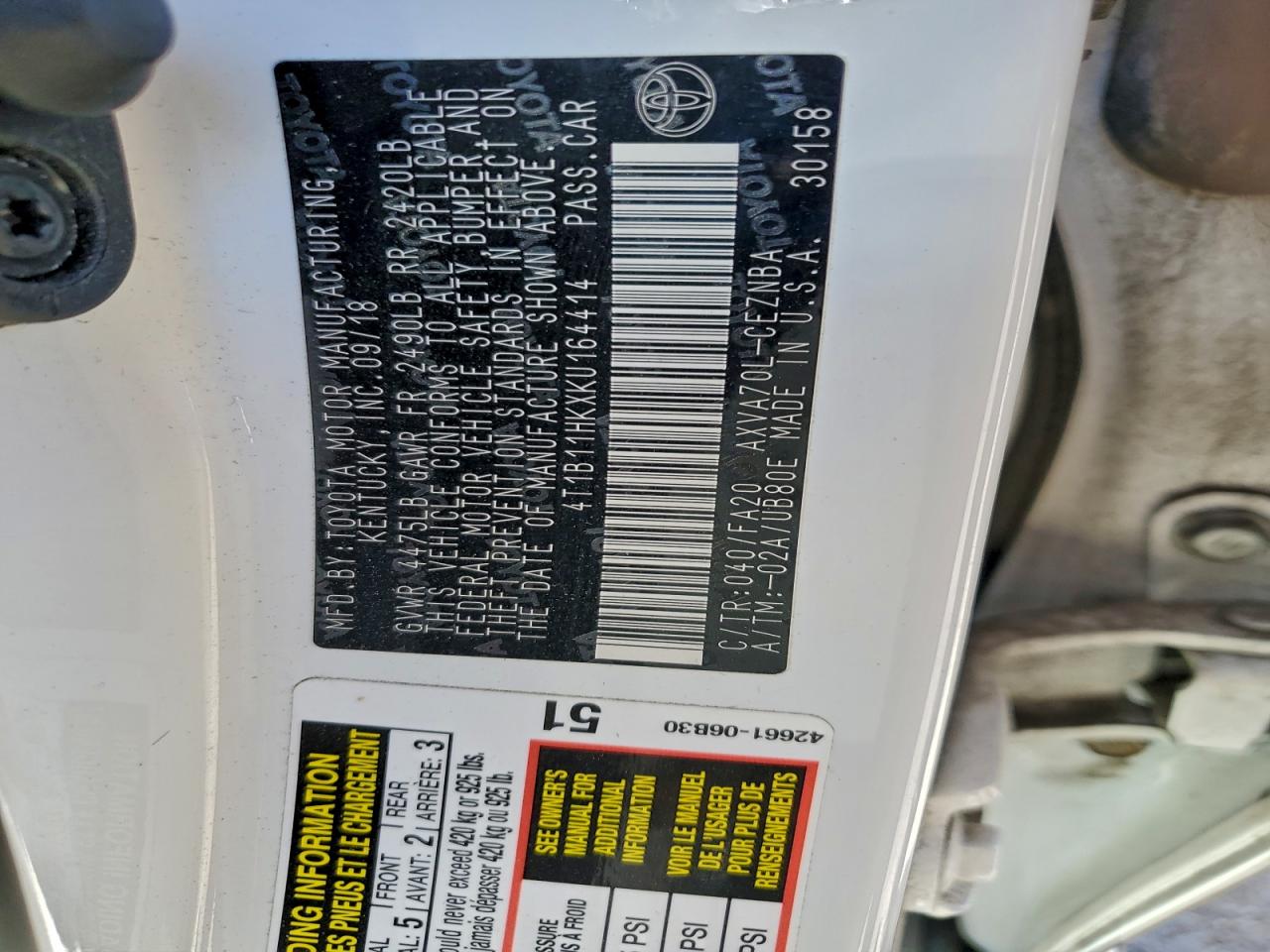 2019 TOYOTA CAMRY L photo 12