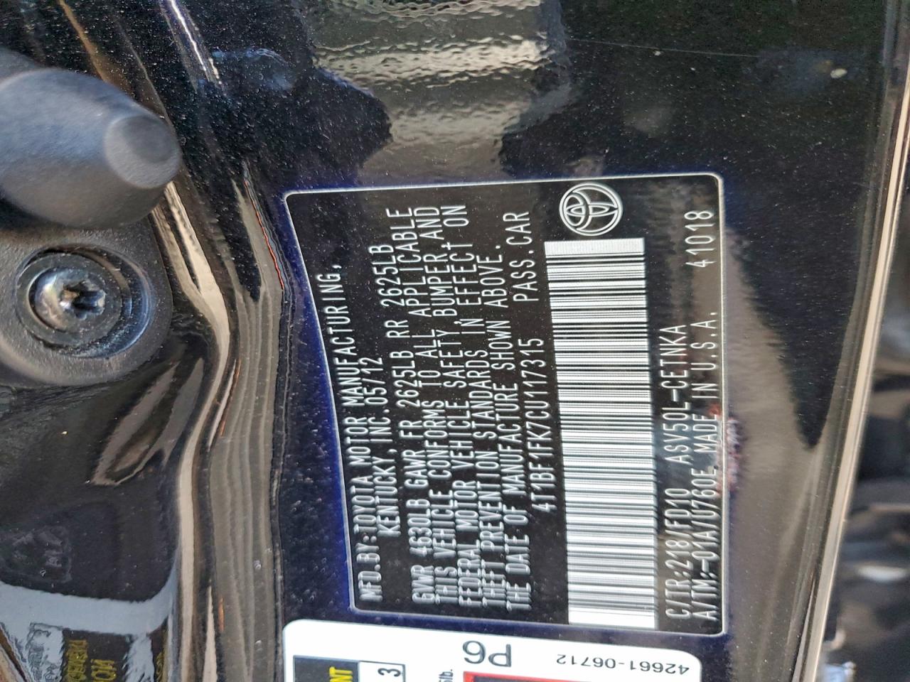 2012 TOYOTA CAMRY BASE photo 12