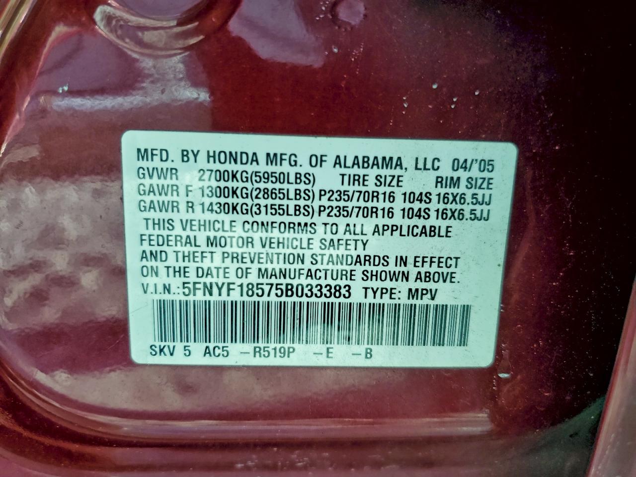 2005 HONDA PILOT EXL photo 13