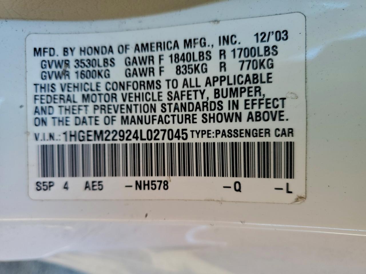 2004 HONDA CIVIC EX photo 12