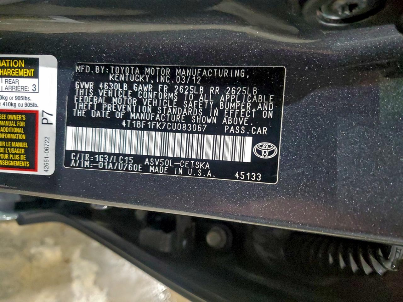 2012 TOYOTA CAMRY BASE photo 12