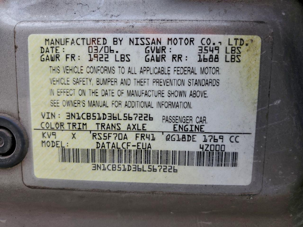 2006 NISSAN SENTRA 1.8 photo 12
