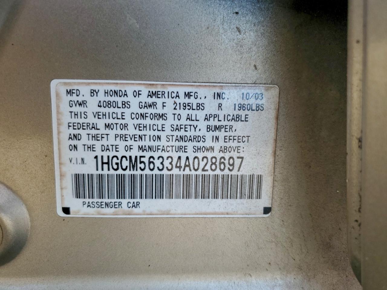 2004 HONDA ACCORD LX photo 12