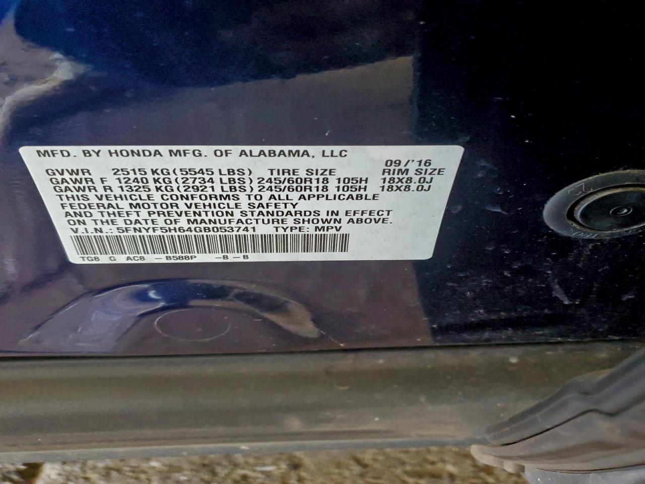 2016 HONDA PILOT EXL photo 14