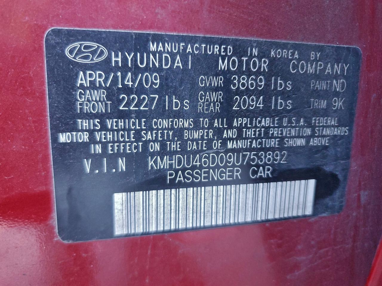 2009 HYUNDAI ELANTRA GLS photo 12