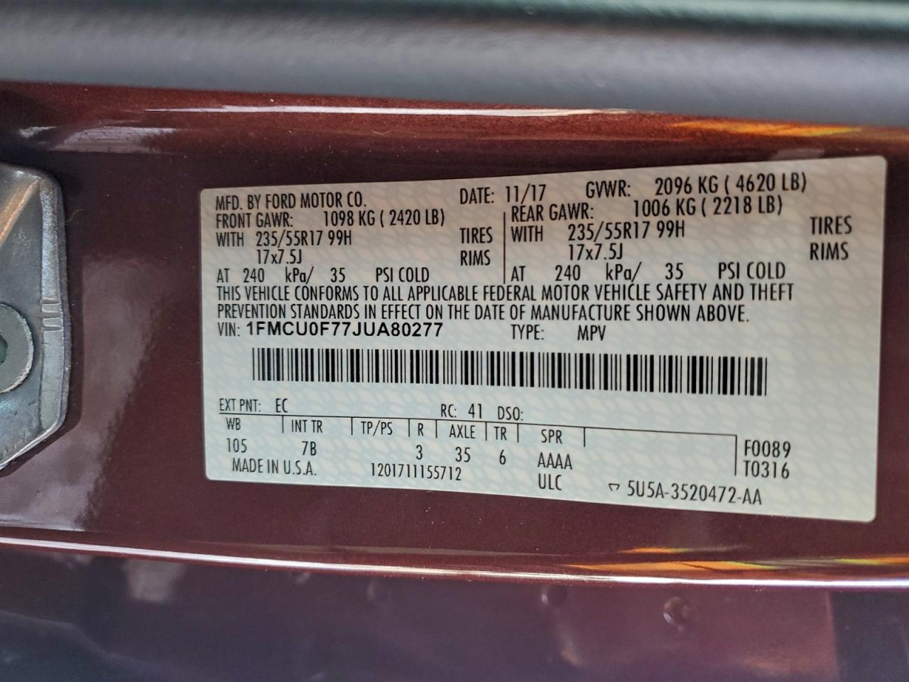 2018 FORD ESCAPE S photo 12