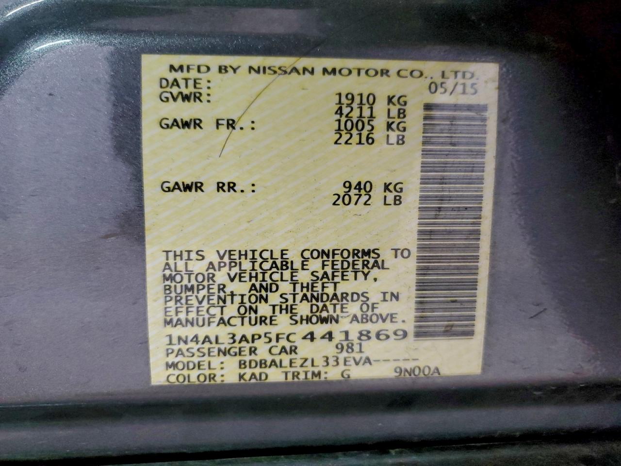 2015 NISSAN ALTIMA 2.5 photo 12