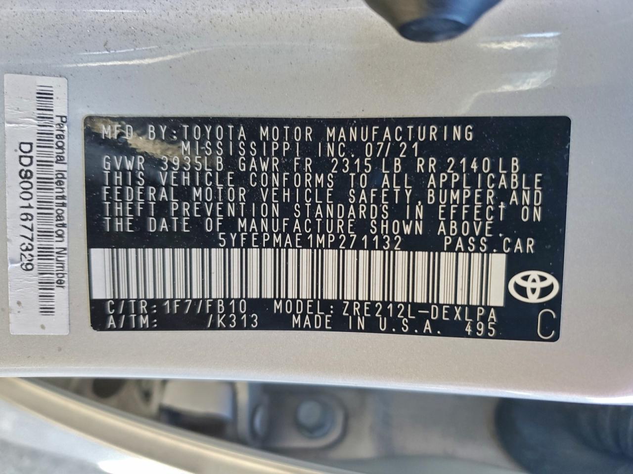 2021 TOYOTA COROLLA LE photo 12