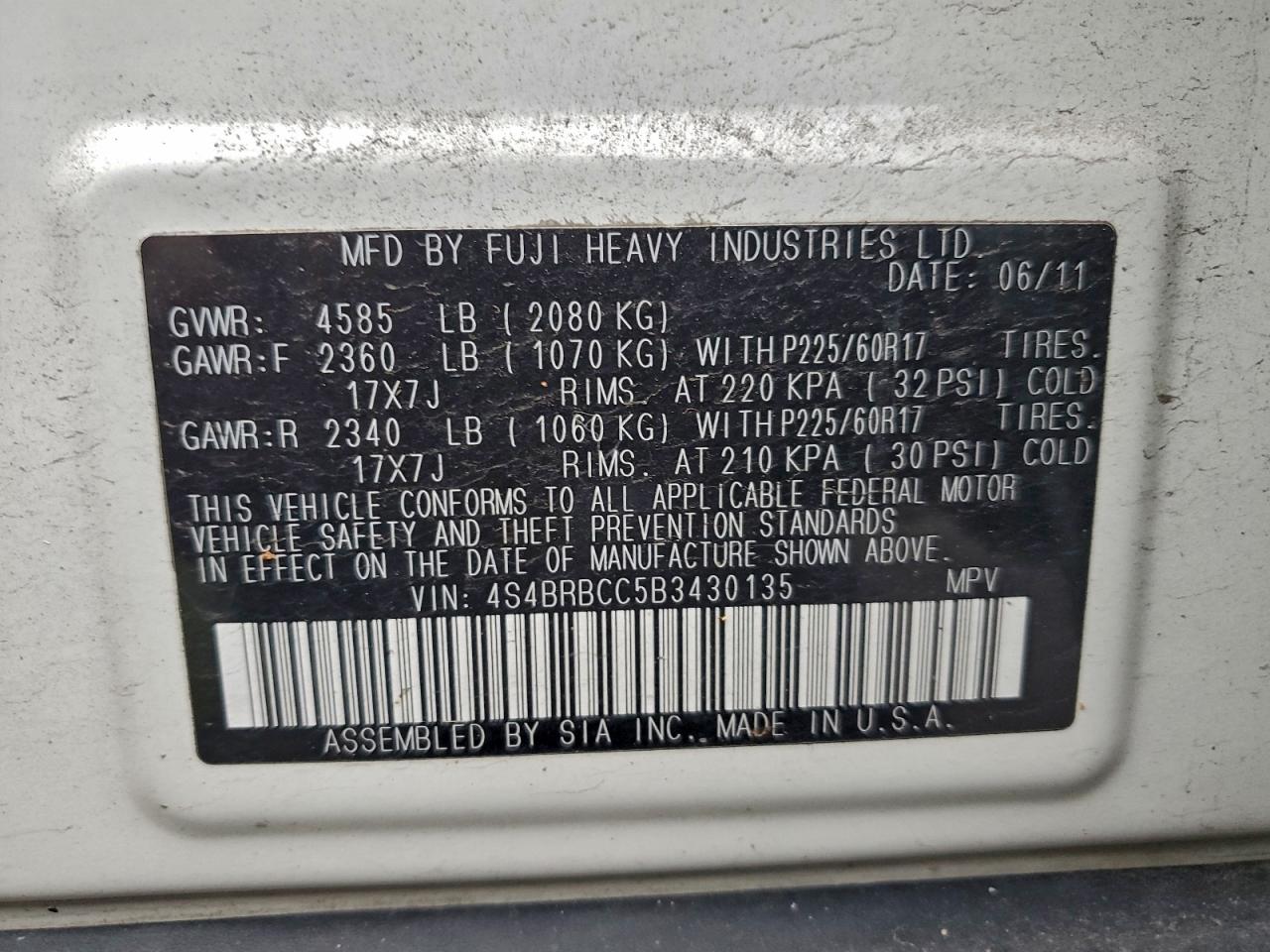 2011 SUBARU OUTBACK 2.5I PREMIUM photo 12