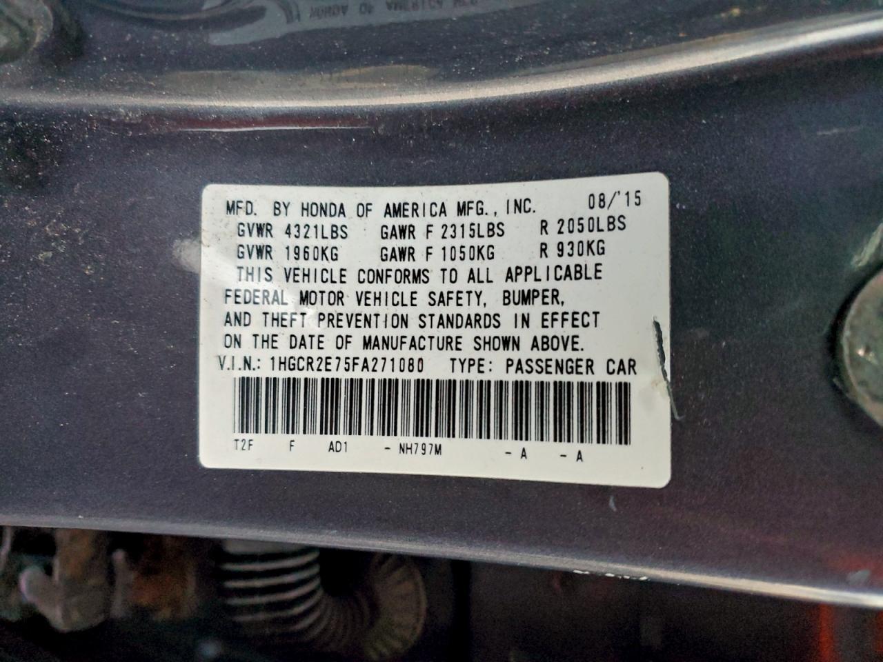 2015 HONDA ACCORD EX photo 12