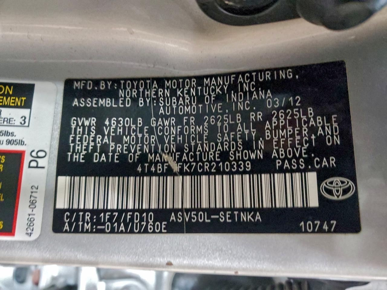 2012 TOYOTA CAMRY BASE photo 12