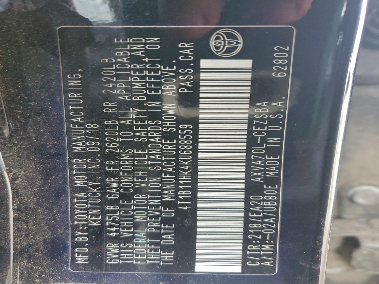 2019 TOYOTA CAMRY L photo 12