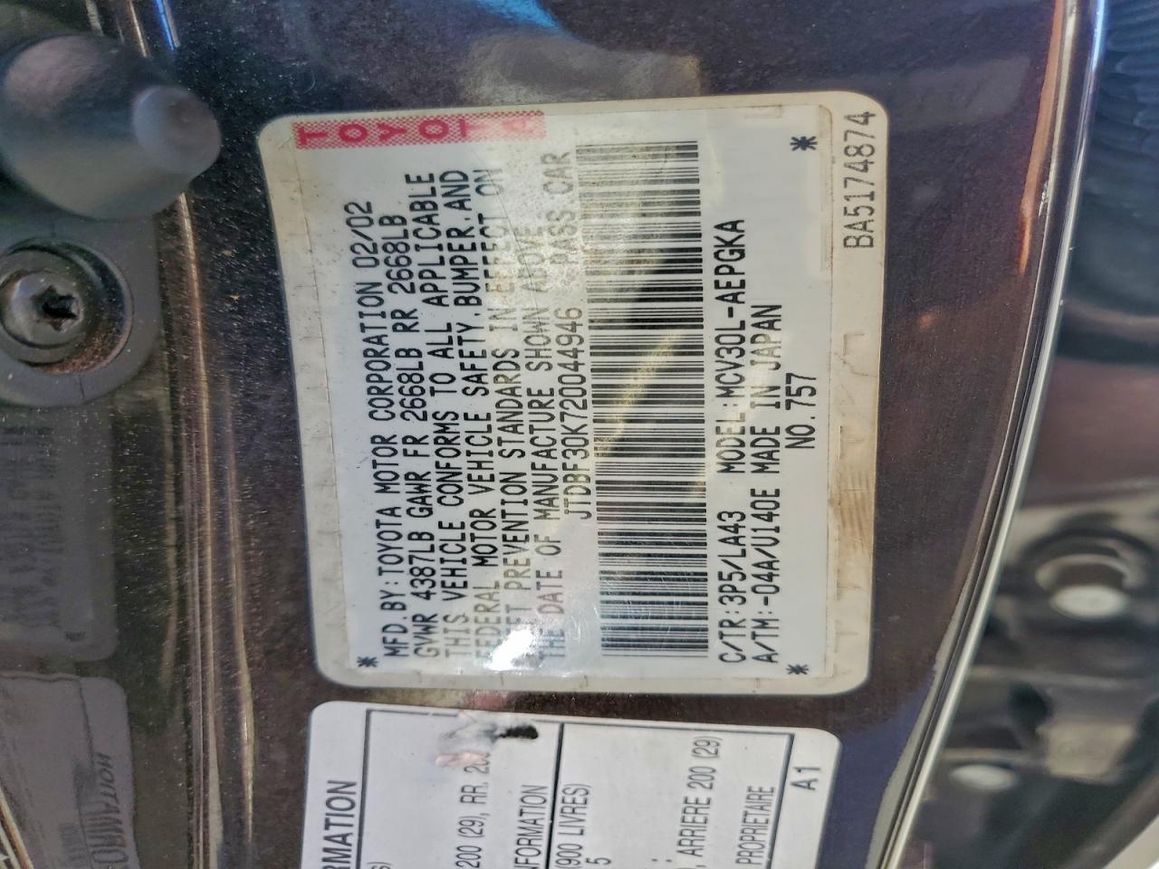 2002 TOYOTA CAMRY LE photo 12