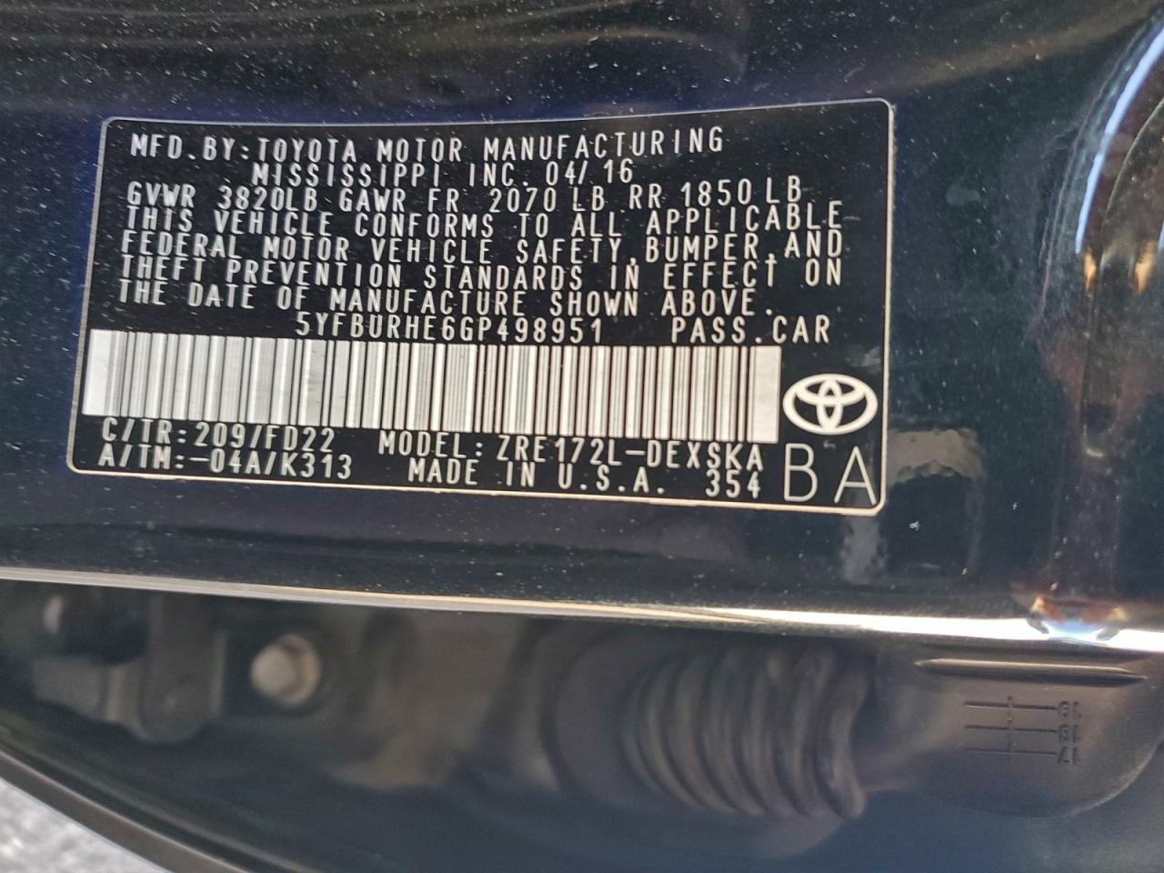 2016 TOYOTA COROLLA L photo 12