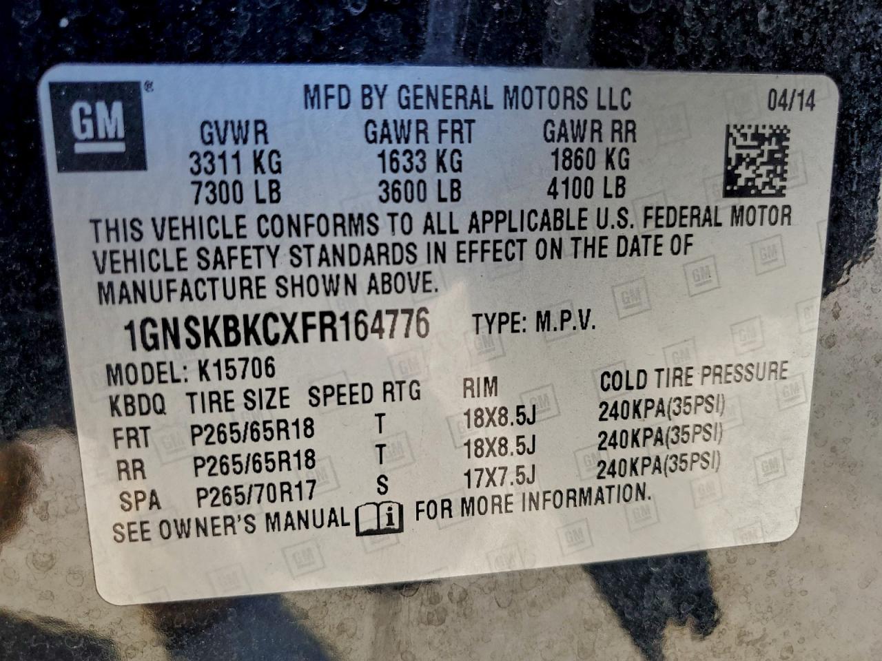 2015 CHEVROLET TAHOE K1500 LT photo 14