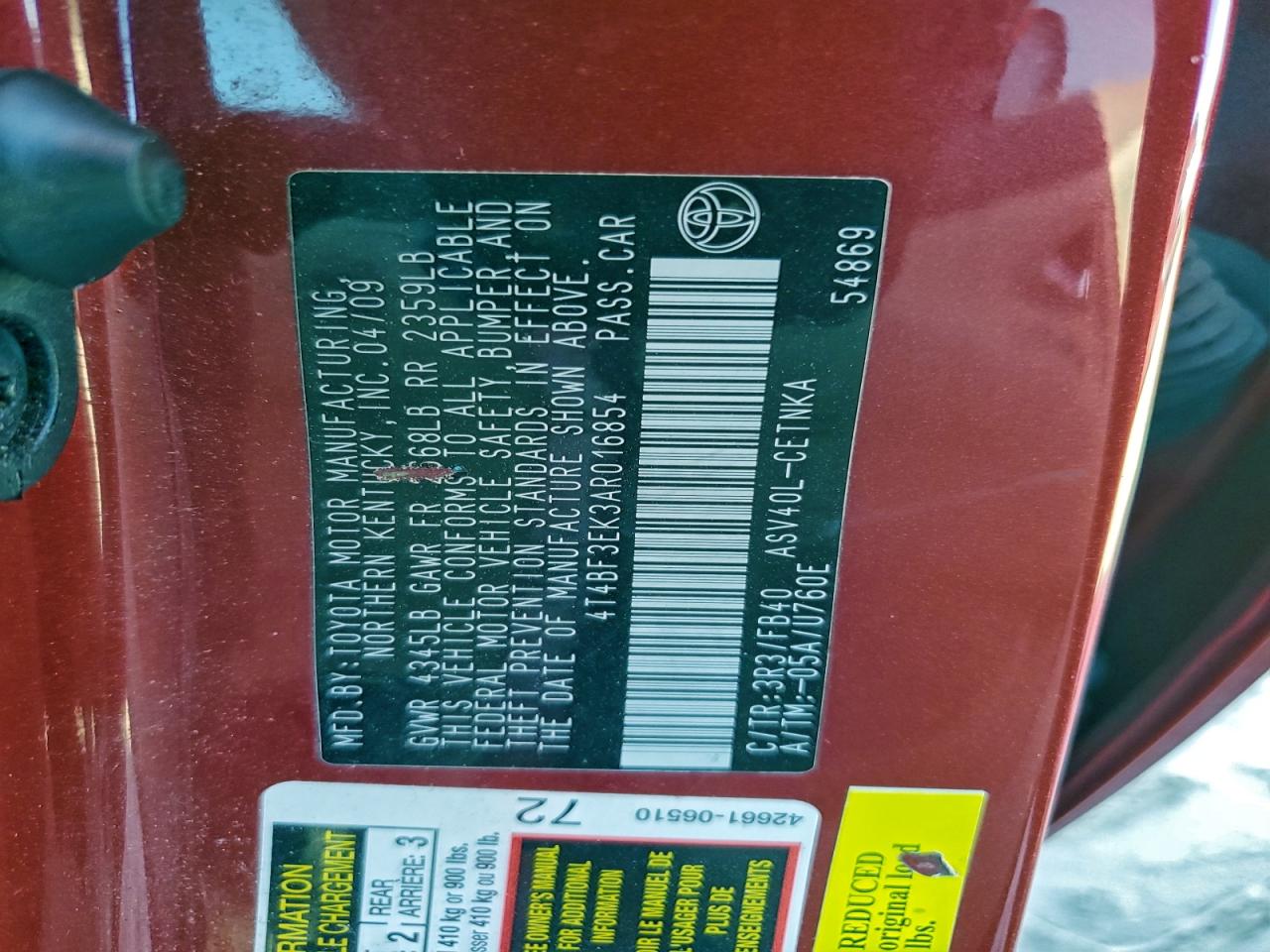 2010 TOYOTA CAMRY BASE photo 12