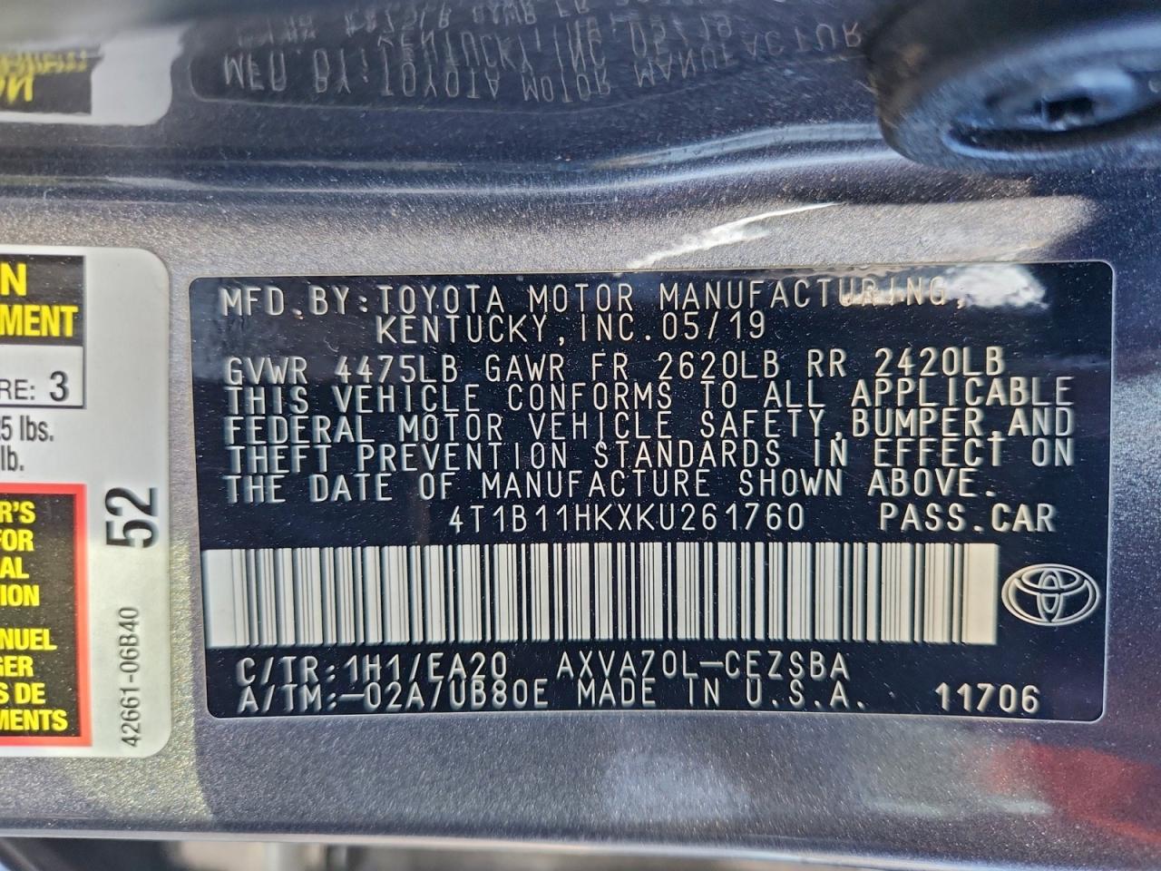 2019 TOYOTA CAMRY L photo 12
