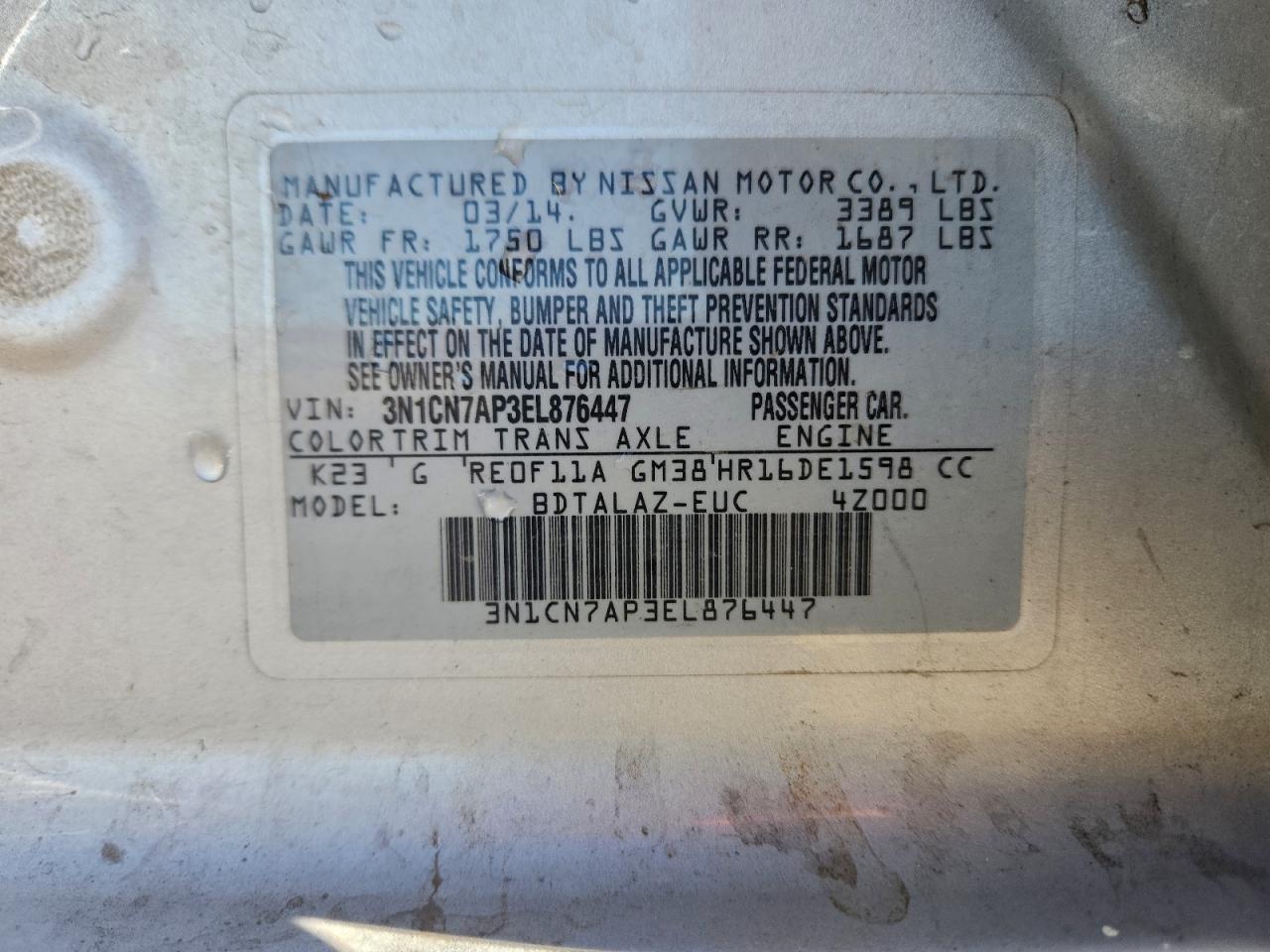 2014 NISSAN VERSA S photo 12