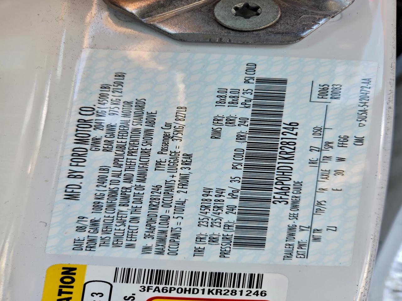 2019 FORD FUSION SE photo 12