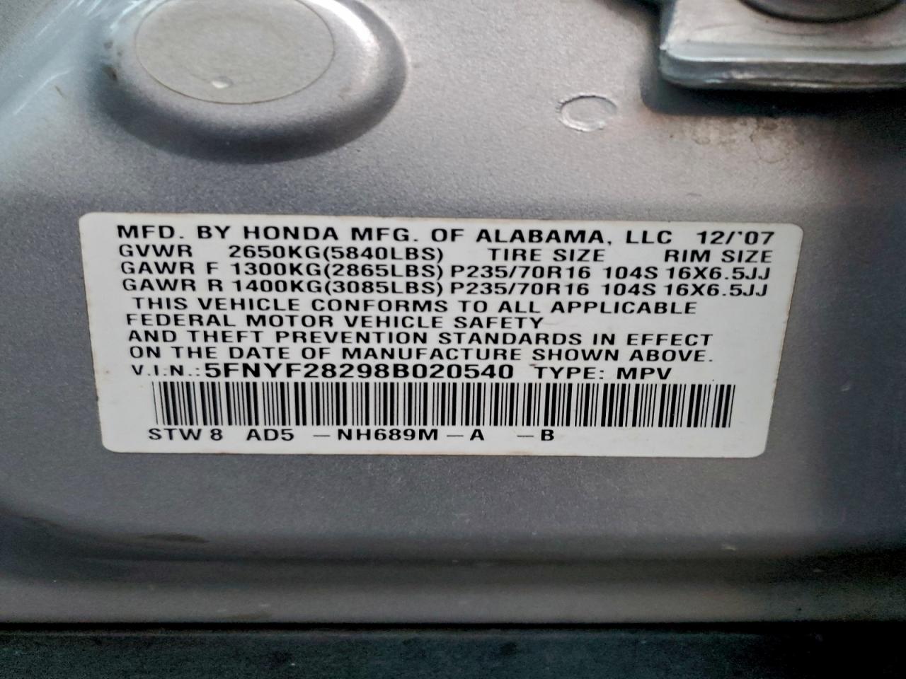 2008 HONDA PILOT VP photo 13