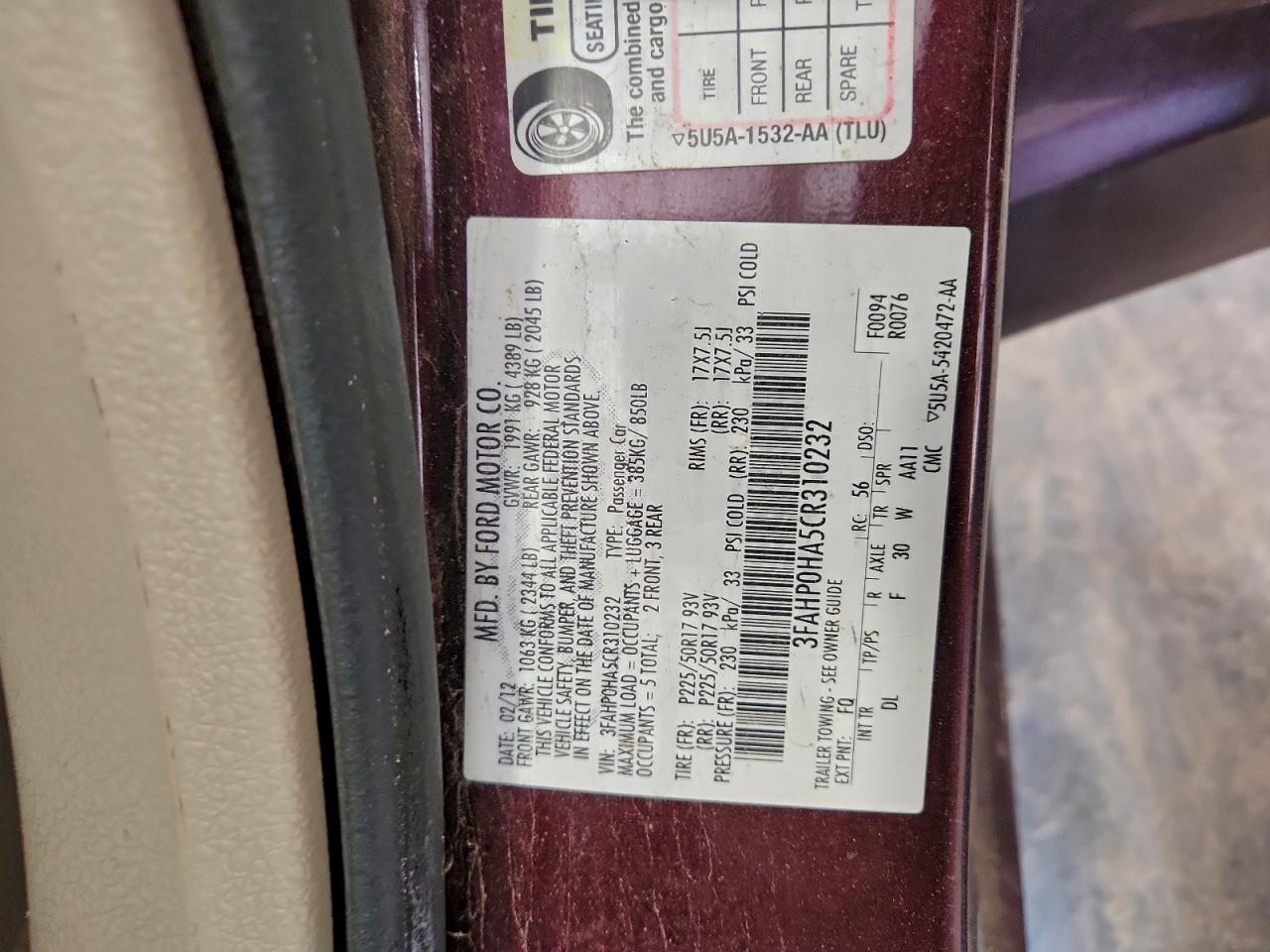 2012 FORD FUSION SE photo 12