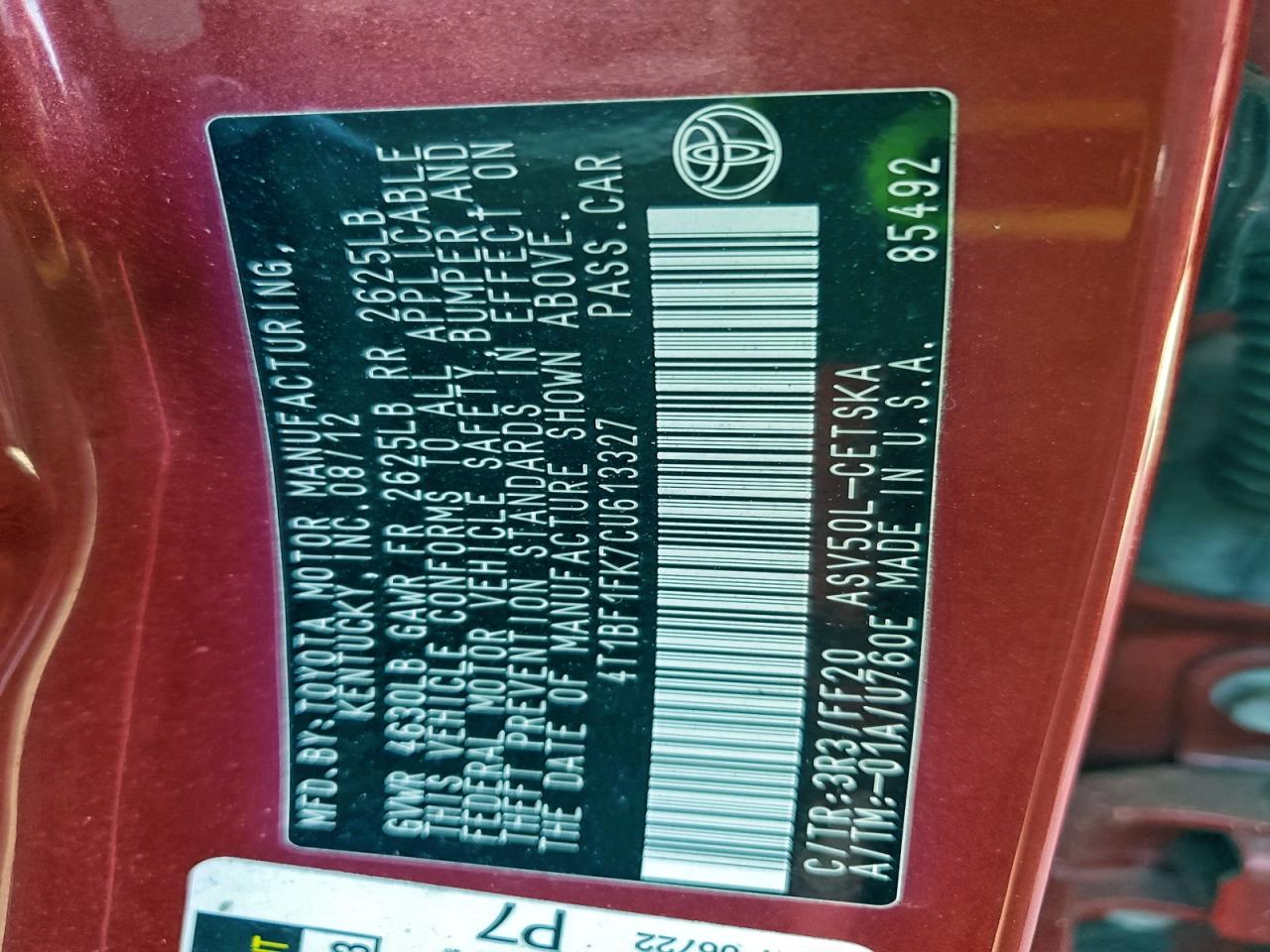 2012 TOYOTA CAMRY BASE photo 12