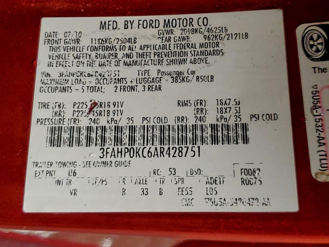 2010 FORD FUSION SPORT photo 25