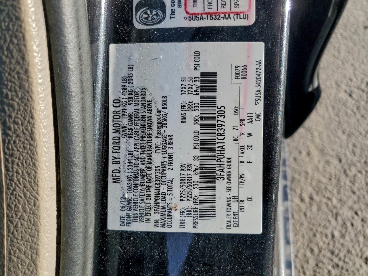 2012 FORD FUSION SE photo 12