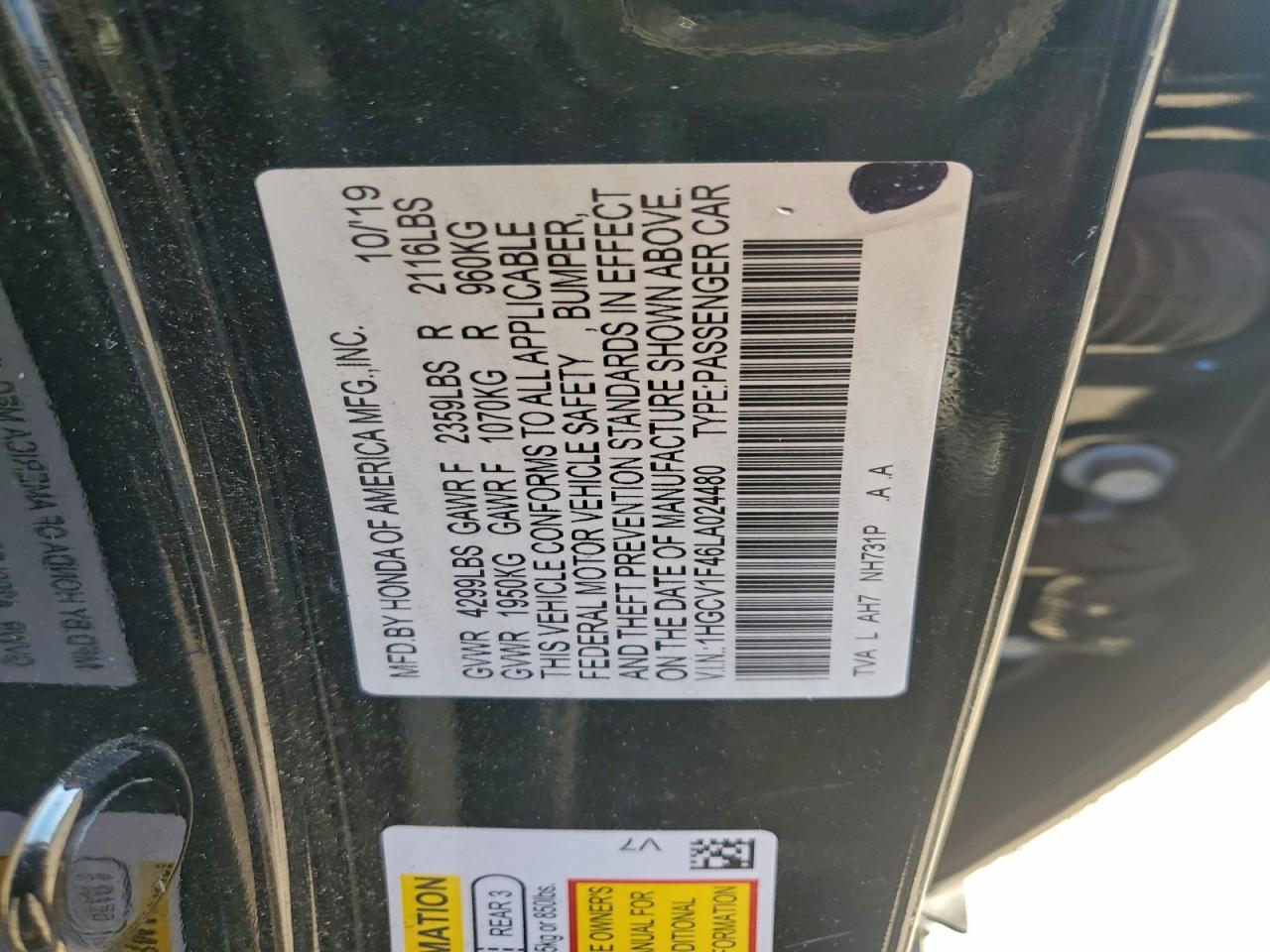 2020 HONDA ACCORD EX photo 23
