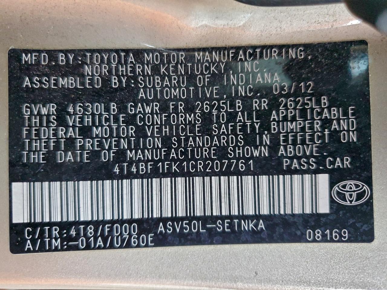 2012 TOYOTA CAMRY BASE photo 12