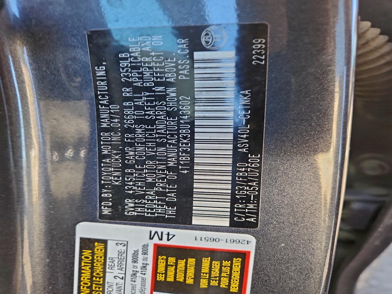 2011 TOYOTA CAMRY BASE photo 12