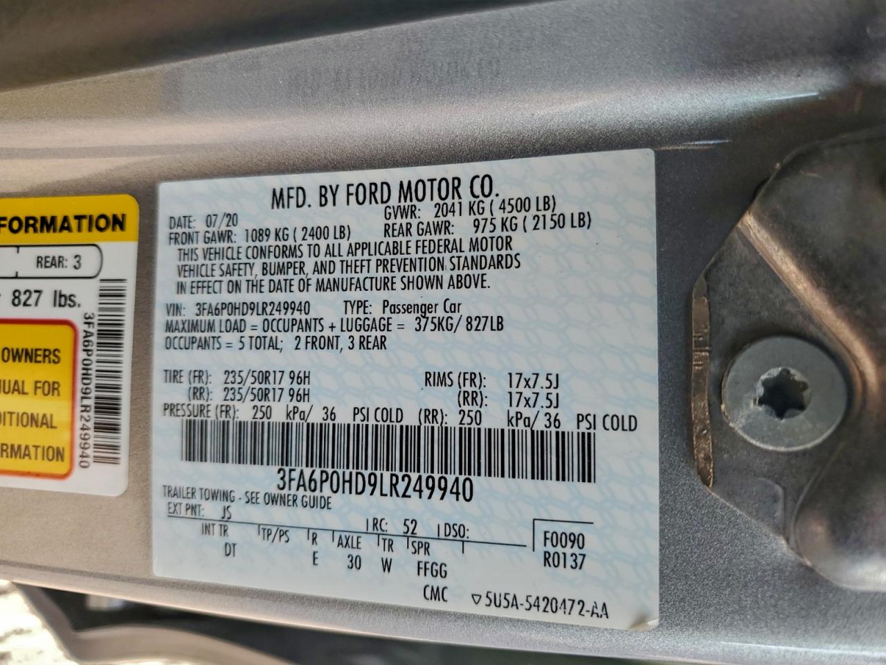 2020 FORD FUSION SE photo 12