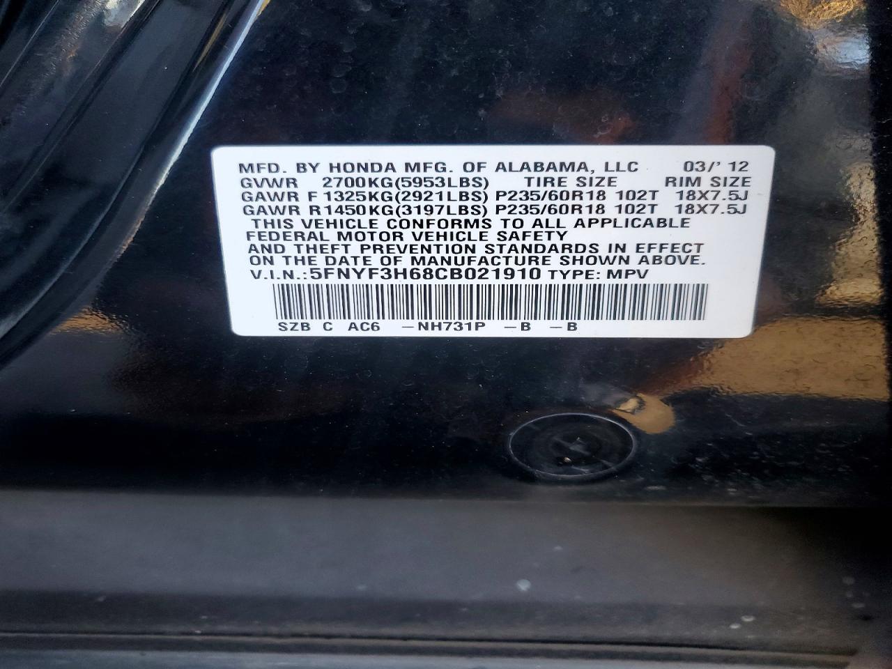 2012 HONDA PILOT EXL photo 25