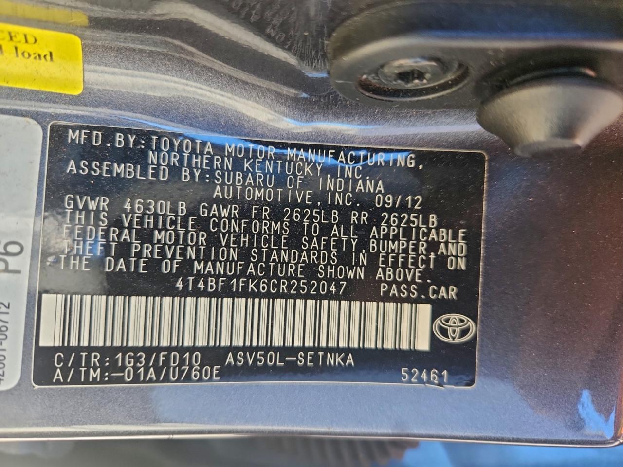 2012 TOYOTA CAMRY BASE photo 12