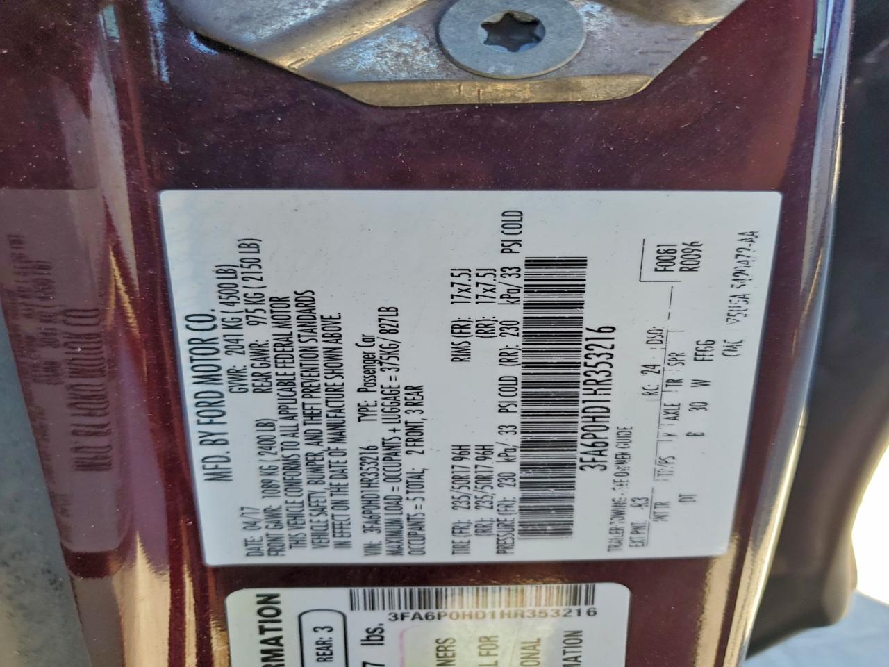 2017 FORD FUSION SE photo 12