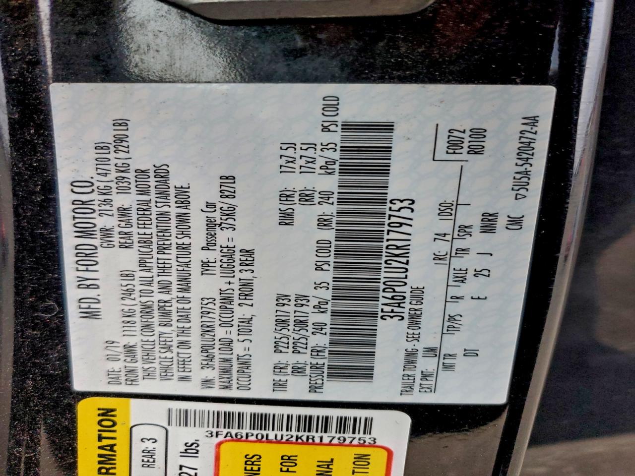 2019 FORD FUSION SE photo 12