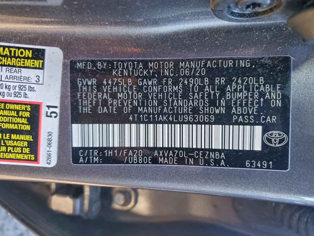 2020 TOYOTA CAMRY LE photo 12