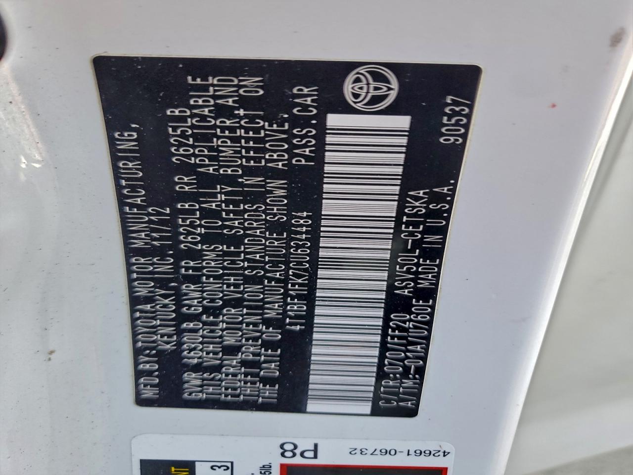 2012 TOYOTA CAMRY BASE photo 13