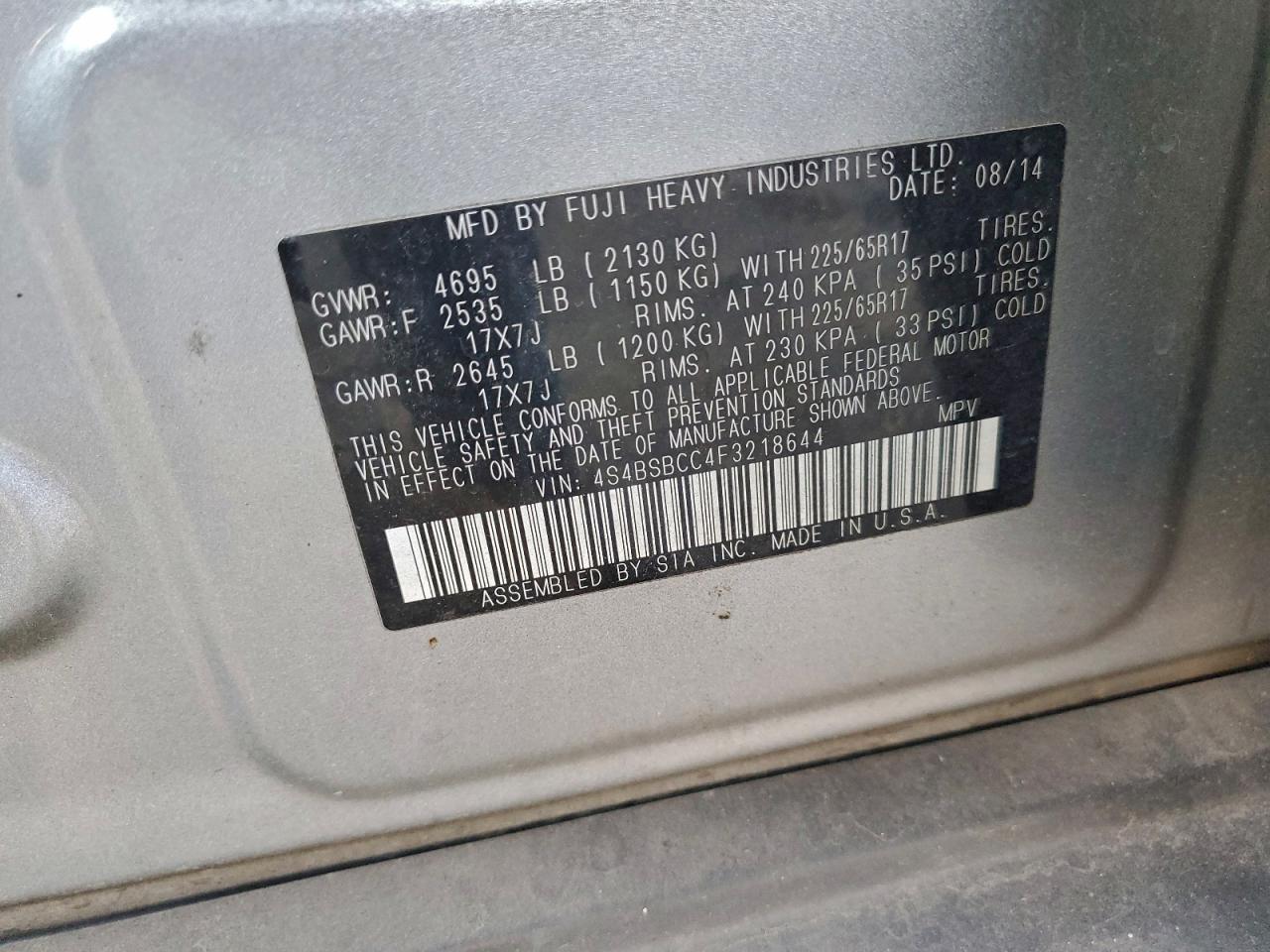 2015 SUBARU OUTBACK 2.5I PREMIUM photo 13