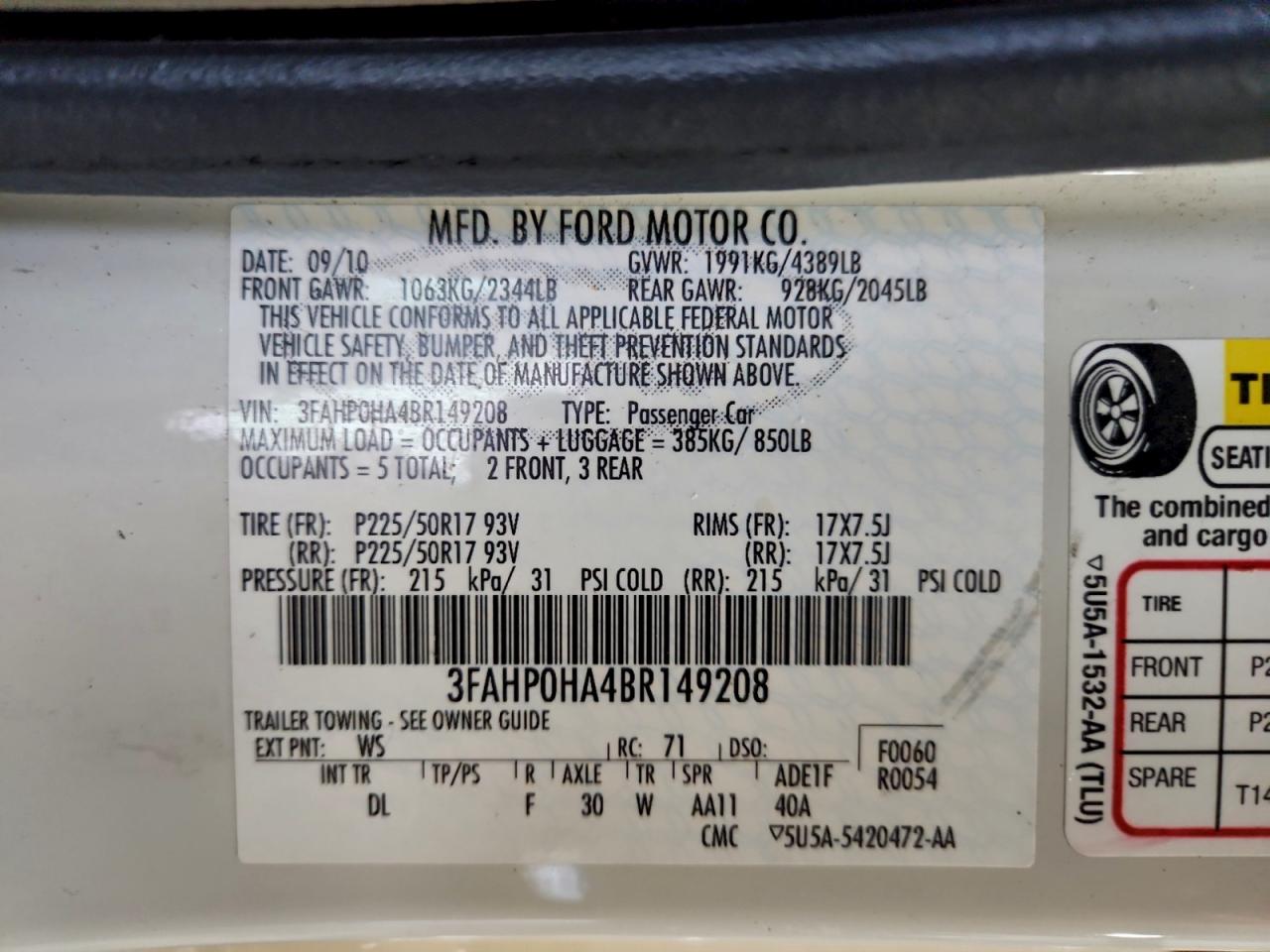 2011 FORD FUSION SE photo 12