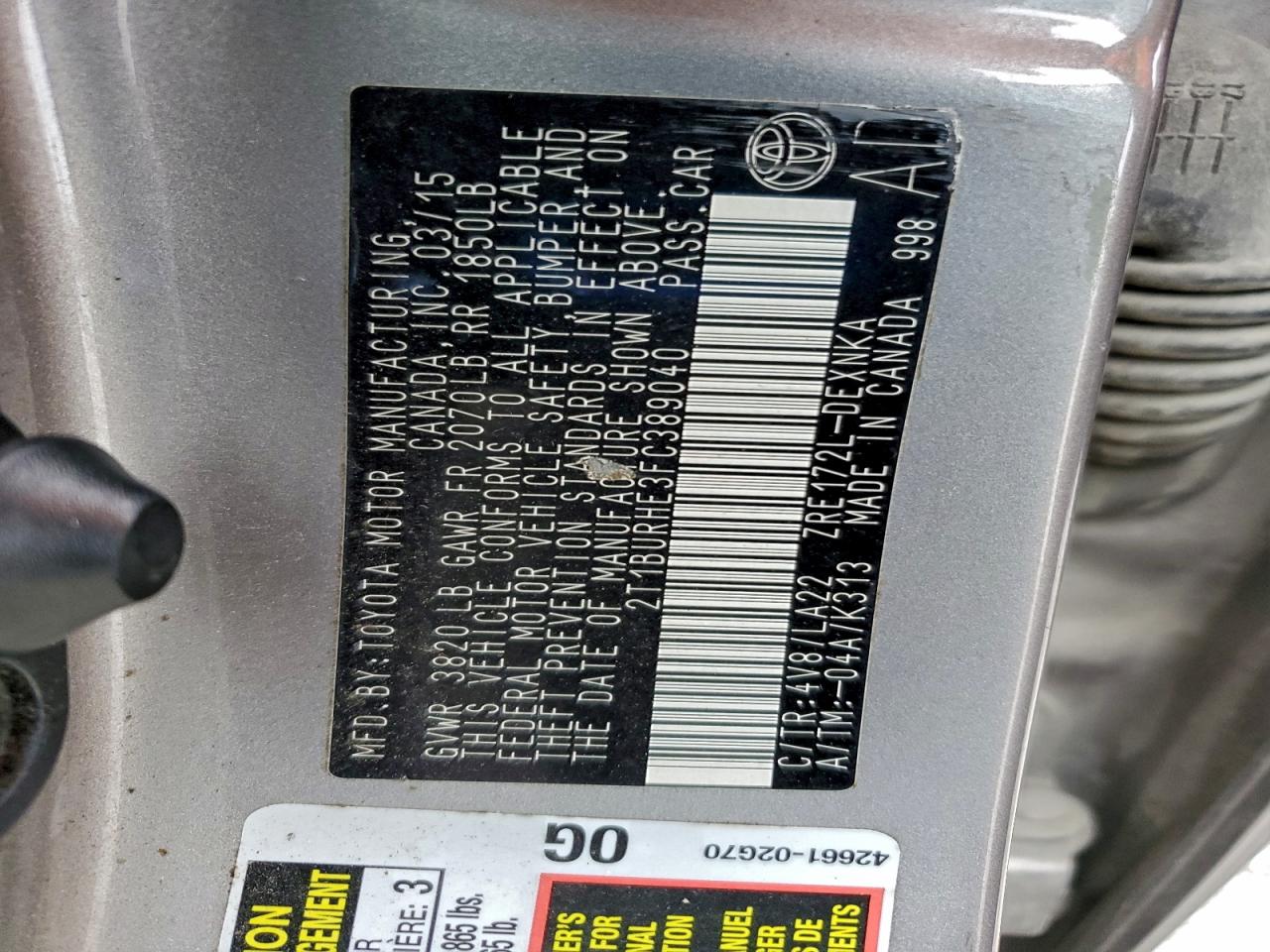 2015 TOYOTA COROLLA L photo 12