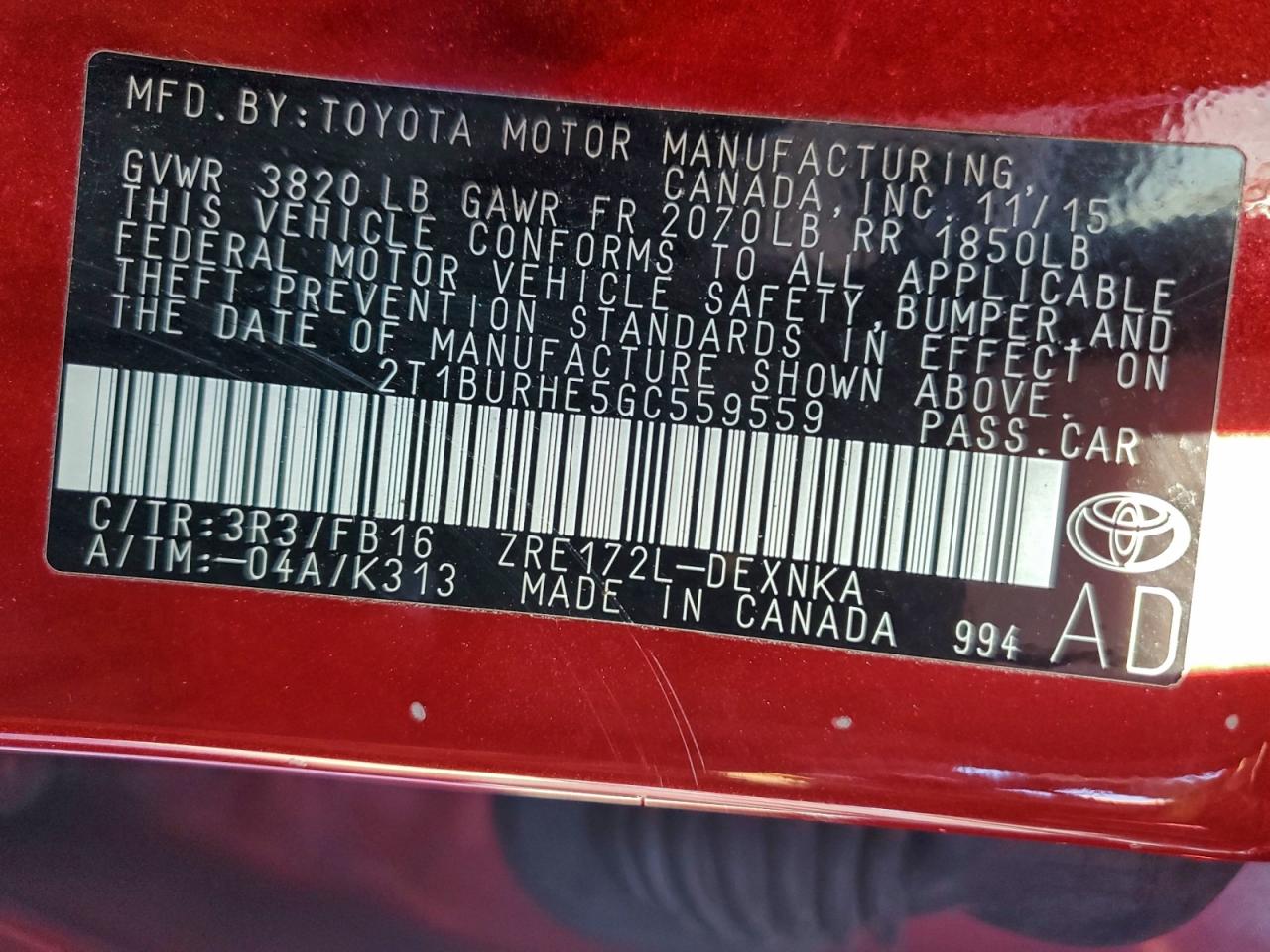 2016 TOYOTA COROLLA L photo 12