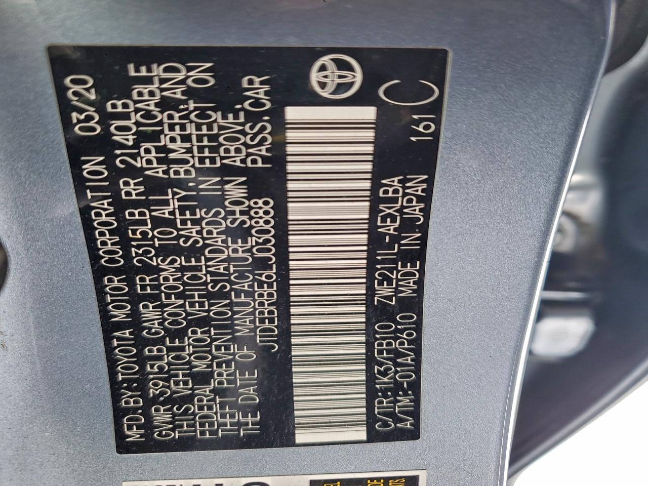 2020 TOYOTA COROLLA LE photo 12