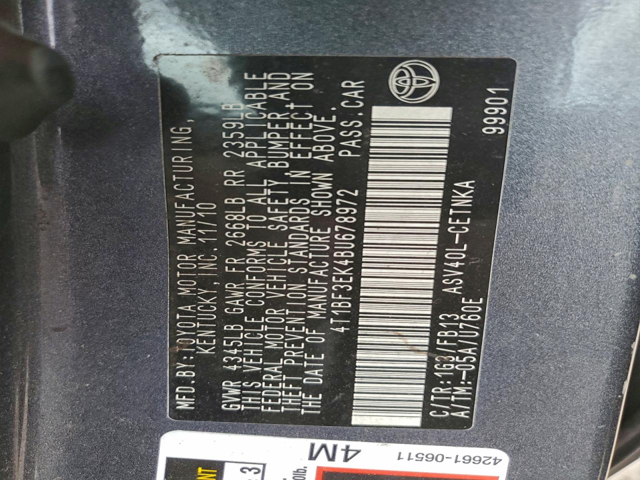 2011 TOYOTA CAMRY BASE photo 12