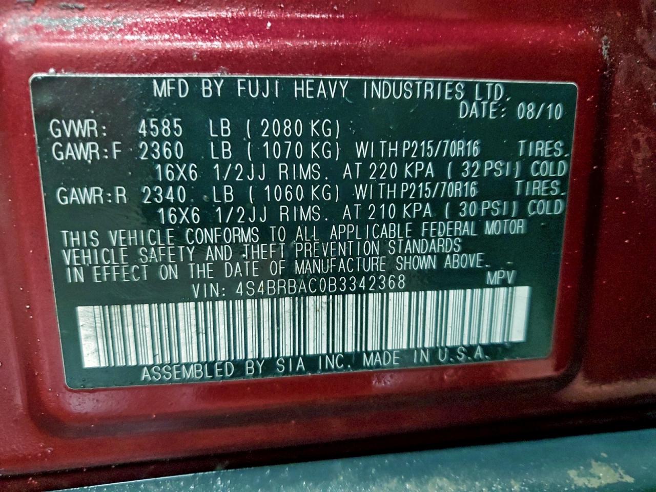 2011 SUBARU OUTBACK 2.5I photo 13