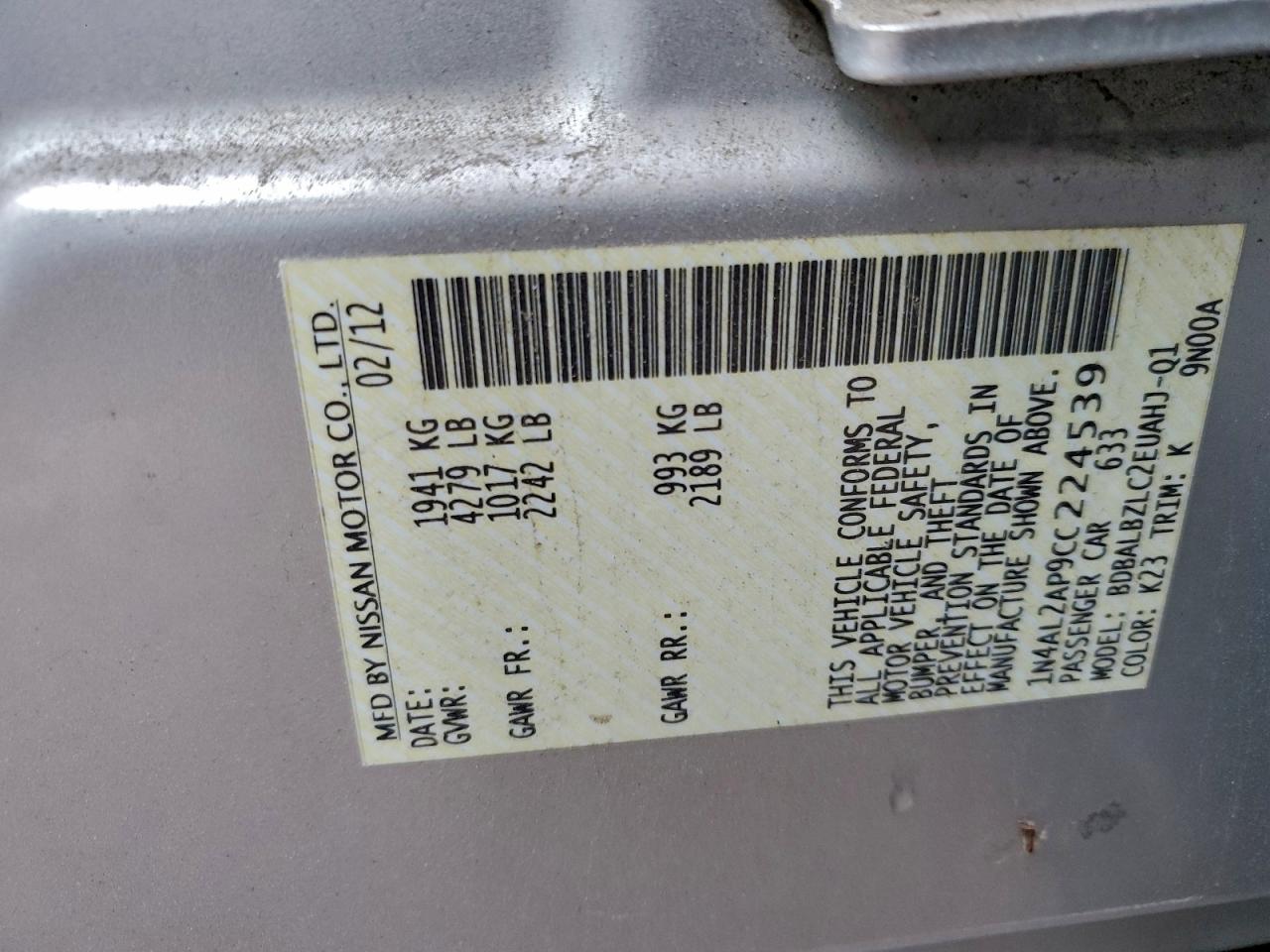 2012 NISSAN ALTIMA BASE photo 12