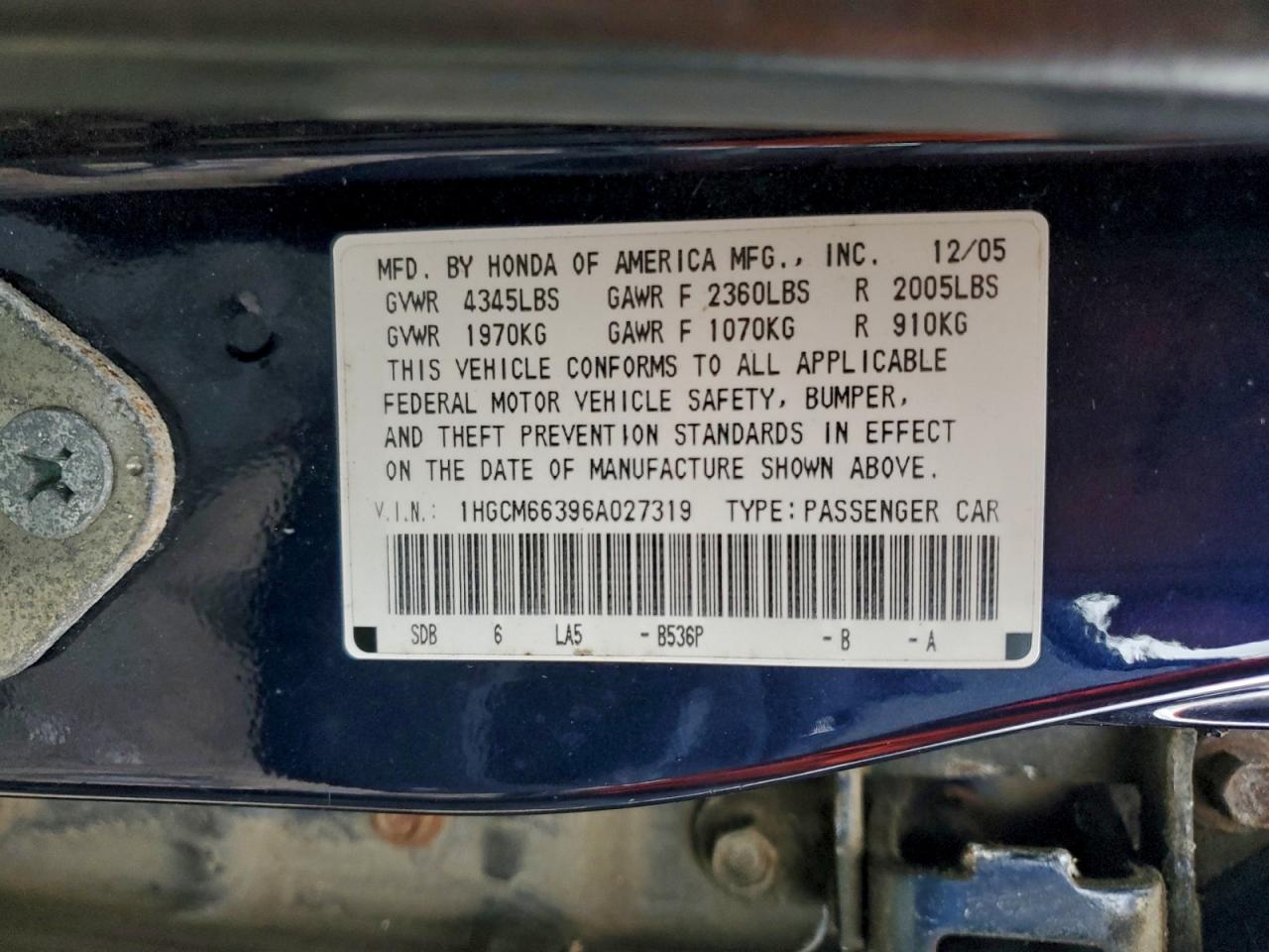 2006 HONDA ACCORD LX photo 12