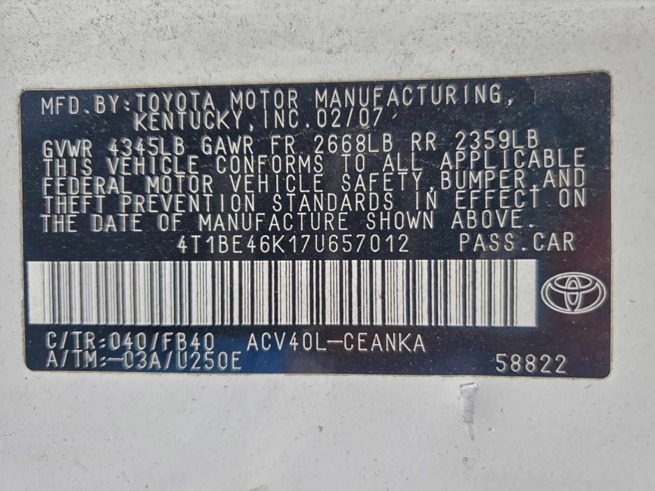 2007 TOYOTA CAMRY CE photo 12
